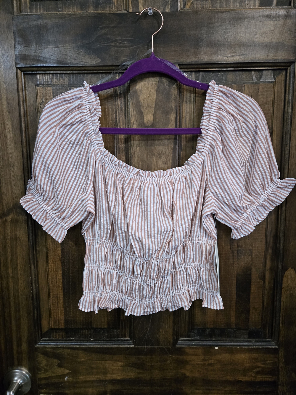 Striped Puff-Sleeve Smocked Crop Top - Pink/White
